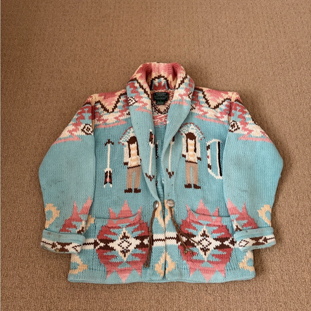 Vintage Ralph Lauren Country  hand knit cotton Southwestern Cardigan L sweater